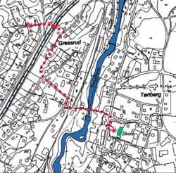 Strømmen kart som viser skoleveien for Bjørn Paus 1925.