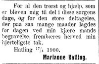 421. Takkeannonse fra fru Marianne Hatling i Indtrøndelagen 18.4.1900.jpg