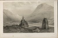 Kyrkja og støpulen. Frå Voyages de la Commission scientifique du Nord, en Scandinavie, en Laponie, au Spitzberg et aux Feröe, utg. 1852.