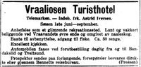 Annonse om "Vraaliosen Turisthotel" i Aftenposten 13. juni 1919.