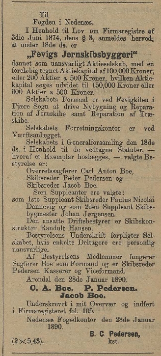 1890: Etableringen av Fevig jernskibsbyggeri kunngjøres i Norsk kunngjørelsestidende 1/2 1890