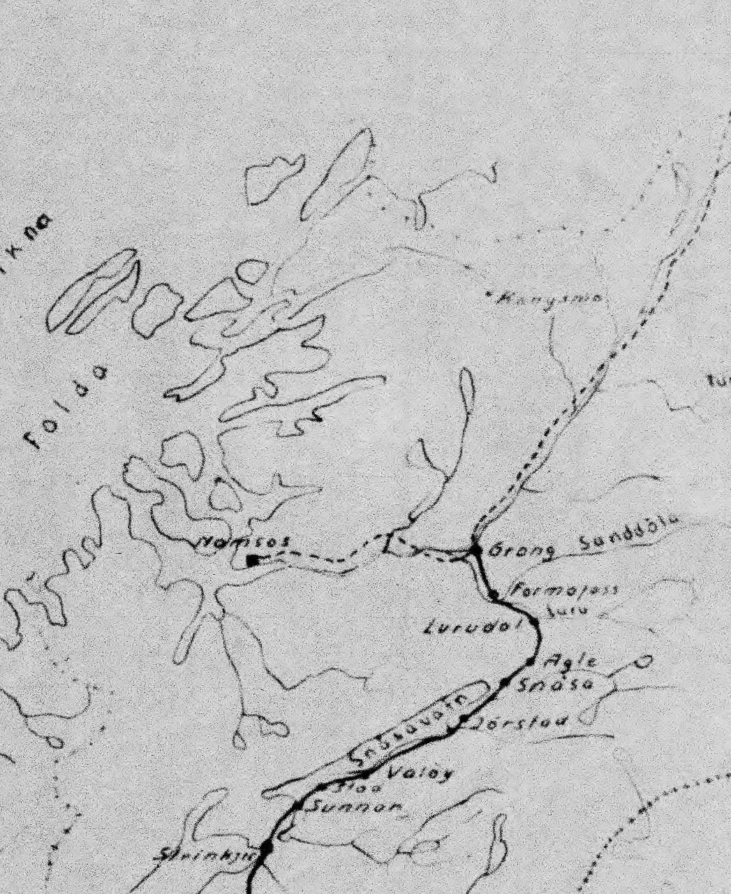 Kart over jernbanetraseen Sunnan - Grong.