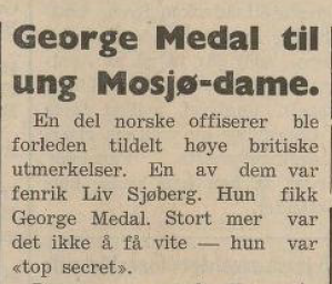 Liv Elisabeth Hauge Georg Medal til ung Mosjø-dame. Liv Sjøberg. Brønnøysunds Avis, 31.10.1946, forsida..png