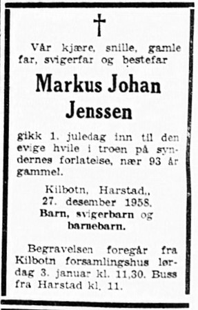 Markus Johan Jenssen dødsannonse 1958.jpg