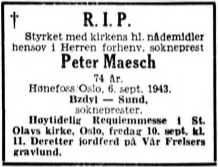 P. Maesch' dødsannonse. Foto: Aftenposten (8. september, 1943.).