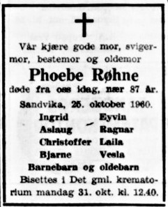 Phoebe Røhne dødsannonse 1960.jpg