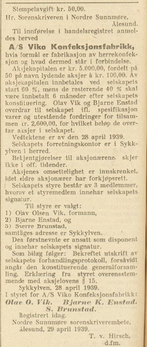 Viko Konfeksjonsfabrikk bekjentgjøring 1939.jpg