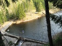 Åmotdammen, demning med overløp i nordre ende. Foto Steinar Bunæs.