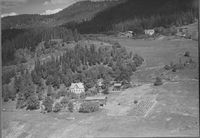 Øvre Midtgarden fremst slik det var i tida etter at Torleiv tok over garden. Vi ser bikubar og utvida hagebruk. Signe og Torleiv bygde nytt bustadhus til høgre for tunet.