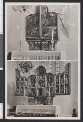 Alterskapet, øverst lukka og nede med fløyene utslått. Foto: Carl Normann