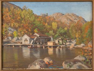 Maleri av sagbruk og mølle.