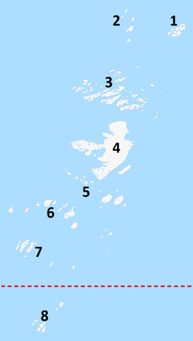 (1) Arværet, (2) Kangvadskjæran, (3) Sannaværet, (4) Sanna og Reinsøya, (5) bl.a. Svartskjæret, Spanna, Kvaløya og Hiøya, (6) bl.a. Haugøya, Selsholmen, Litjselsholmen og Fløttingen og (7) Froværet, Gjersholmen og Flatskjæret. Videre ser man (8) Brakvad, Merra og Søholmen, som hører til Trænas øygruppe