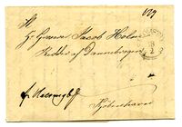 1835: Brev skrevet på Groos havn, Grimstad, 14/2 1835. Det fulgte så ei skute til Strømstad før det ble overtatt av postforbindelse til København og mottakeren, grosserer Jacob Holm. (Fra egen samling Jarl V. Erichsen)