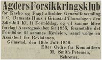 1856: Morten Smith Petersen som sekretær i Agders Forsikringsklub