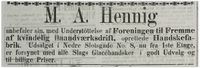 1864: Annonse for M. A. Hennigs handskefabrikk, som en særlig satsing på "kvindelig Haandværksbedrift".[59]