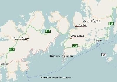 Kart som viser Aust- og Vestvågøy med Kleppstad og Sydal angitt