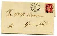 1874: Skipsreder Peder Bjørn Einersen får brev fra Farsund, stemplet 30/12 1874. (Fra egen samling Jarl V. Erichsen)