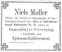 1875: Niels Møller annonserer oppstart av forretning. Fra Aftenposten 11/9 1875.
