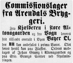 1876: I Bergen er Johan Grung kommisjonær for Arendals bryggeri.
