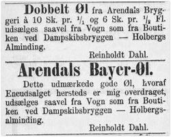 1877: Reinholdt Dahl i Bergen annonserer for Dobbelt Øl og Bayer-Øl fra Arendals bryggeri.