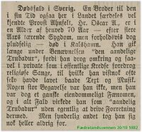 Fædrelandsvennen i Kristiansand skriver relativt negativt om Oscar Ahnfeldt ved hans død i 1882. (Fædrelandsvennen 30/10 1882)