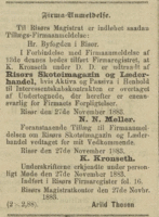 1883: Er det Niels Nielsen Møller som i november 1883 engasjerer seg i "Risørs Skotøimagasin og Læderhandel"?