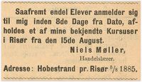 1885: Tilbud om kurs i Risør. (Nedenæs amtstidende 5/8/1885)