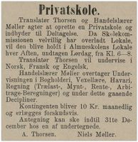 1885: Like ført jul annonserer Thorsen og Møller sin privatskole og redegjør for nøkkelfagene.