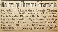 1886: Annonse for Møller og Thorsens privatskole. Vestlandske tidende 3/1 1886