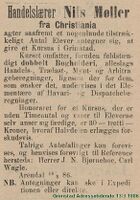 1886: "Nils Møller fra Christiania" annonserer kurs i bokholderi i Grimstad. (Grimstad Adressetidende 13/3 1886)