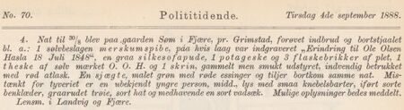 Tyveri på Søm i 1888 der gjenstandene kan knyttes til Ole Olsen Søm/Hasla. (Polititidende 4/9/1888)