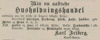 Karl Friberg har åpnet husholdningshandel. Grenmar 1. august 1889.