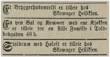 1890: Både bryggerhusværelse og et stallrom med høyloft er ledig.