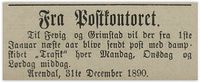 1891: Kunngjøring om post med DS Trafik fra 1/1 1891 (Kilde: Vestlandske tidende 1/1 1891)