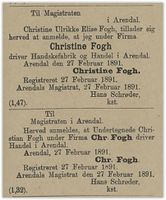 1891: Christine Fogh registrerer sitt firma med hanskeproduksjon og handel. Samtidig registrerer broren Christian Fogh sitt firma.
