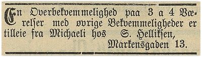 1891: Helliksen annonserer en leilighet i Markensgate 13, ledig "fra Michaeli".