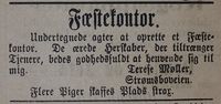 1893: Therese Møller varsler at hun vil drive festekontor i Arendal. Fra Vestlandske tidende 18/12 1893.