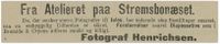 1894: Fotograf Henrichsen annonserer før jul. Fotografen tilbyr forstørrelser og diapositiver, både i bromid og cryon.