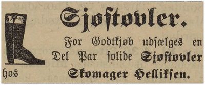 1897: Skomaker Helliksen annonserer sjøstøvler til salgs. Dette bekrefter at han er i gang igjen etter bybrannen noen år tidligere.