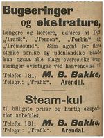 1903: Michael Blom Bakke i Arendal annonserer for buksering og ekstraturer med sine dampskip; Trafikm, Ternen, Turbin og Tromøsund.