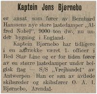 1912: Jens Bjørnebo blir fører av "Alfred Nobel". (Norsk handels og sjøfartstidende 14/6 1912)