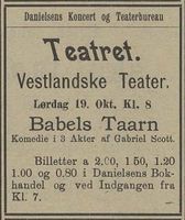 1912: Avisen Tiden i Arendal annonserer forestillingen "Babels Taarn".
