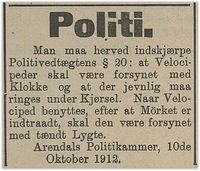 1912: Politiet innskjerper reglene for sykkelutstyr