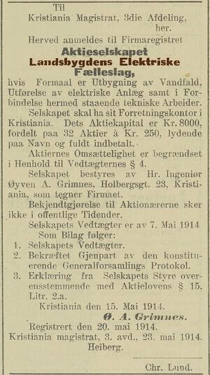 19140528 Norsk kundgjørelsestidende - om landsbygdens elektriske felleslag.JPG