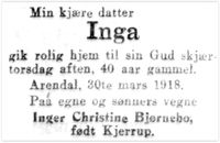 Dødsannonse i Aftenposten 3. april 1918.