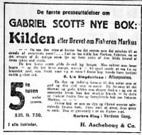 1918: Forlaget Aschehoug annonserer offensivt for Kilden (roman) etter gode anmeldelser.