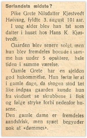 19200804 Nedenæs Amtstidende - Grete Nilsdatter Kjøstvedt, Sørlandets eldste.jpg