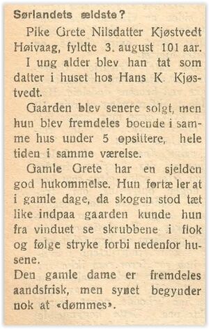 19200804 Nedenæs Amtstidende - Grete Nilsdatter Kjøstvedt, Sørlandets eldste.jpg