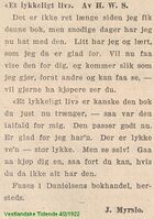 1922: Myhrslo anbefaler boka "Et lykkeligt liv" av H. W. S. (Vestlandske tidende 4/2 1922)