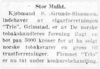 1927: Bot og konkurs? Denne meldingen i Nordisk Tidende 10/11 1927 indikerer at det var strenge regler for tobakksomsetning. Vi vet ikke om dette førte til konkurs.